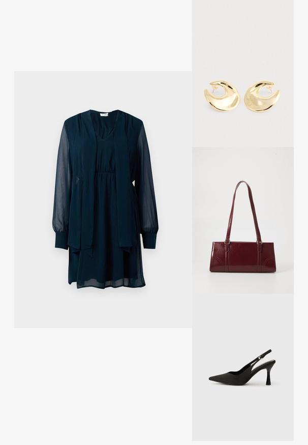 Navyblaue Langarmkleid mit durchsichtigen Ärmeln, V-Ausschnitt, taillierter Taille und angenähtem langen Schal-Detail vorne.; Schwarze Slingback-Absatzschuhe mit spitzem Zehenbereich, glattem, mattem Finish und schmalem, glanzvollem Absatz. Verstellbarer Riemen mit kleiner Schnallen-Detail.; Burgunderfarbene Handtasche aus glänzendem Material, rechteckige Form, mit zwei Schulterriemen und subtilen, geschwungenen Akzenten an der Vorderseite.; Ein Paar glänzende goldene, halbmondförmige Ohrstecker mit klaren Kunststoffverschlüssen auf einer hellgrauen Oberfläche.