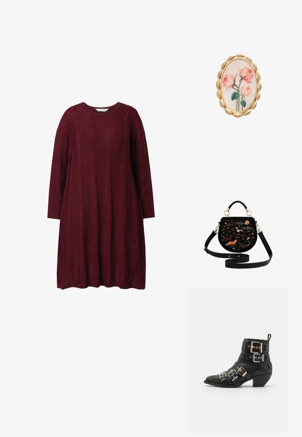 Vestido de punto burdeos con cuello redondo, mangas largas y patrón de trenzado. Corte holgado, con puños y dobladillo de canalé.; Botín negro de cuero hasta el tobillo con punta afilada, con múltiples correas adornadas con hebillas doradas y plateadas. Diseño de tacón cuadrado.; Bolso de ante negro con forma semicircular, que presenta coloridas escenas silvestres bordadas, herrajes dorados y una correa de hombro desmontable.; Broche ovalada con un borde acanalado en tonalidad dorada, que presenta un diseño floral de rosas rosas sobre un fondo claro. Textura suave y gráficos detallados.
