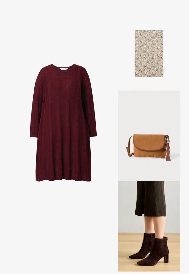 Robe tricotée bordeaux avec un col rond, manches longues et motif en maille torsadée. Coupe ample, avec des poignets et un ourlet côtelés.; Sam Edelman SAIGE - Bottines - cafe noir; Tissu rectangulaire à motif floral avec des branches délicates, des feuilles et de petites fleurs dans des tons terreux sur un fond clair.; Sac bandoulière en daim marron avec garniture en cuir, fermeture à rabat et un pompon décoratif. Présente un design simple et une sangle réglable.