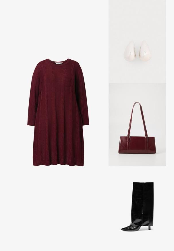 Vestido de punto burdeos con cuello redondo, mangas largas y patrón de trenzado. Corte holgado, con puños y dobladillo de canalé.; Botín de cuero negro hasta el tobillo con punta afilada y tacón cuadrado, que presenta un caña alta y brillante y un acabado texturizado en la parte inferior.; Bolso burdeos hecho de material brillante, de forma rectangular, con dos asas para el hombro y sutiles acentos curvados en la parte frontal.; Pendientes de gota de metal plateado con una superficie suave y reflectante, en forma de lágrima, que presentan un diseño sin costuras y sin embellishments visibles.