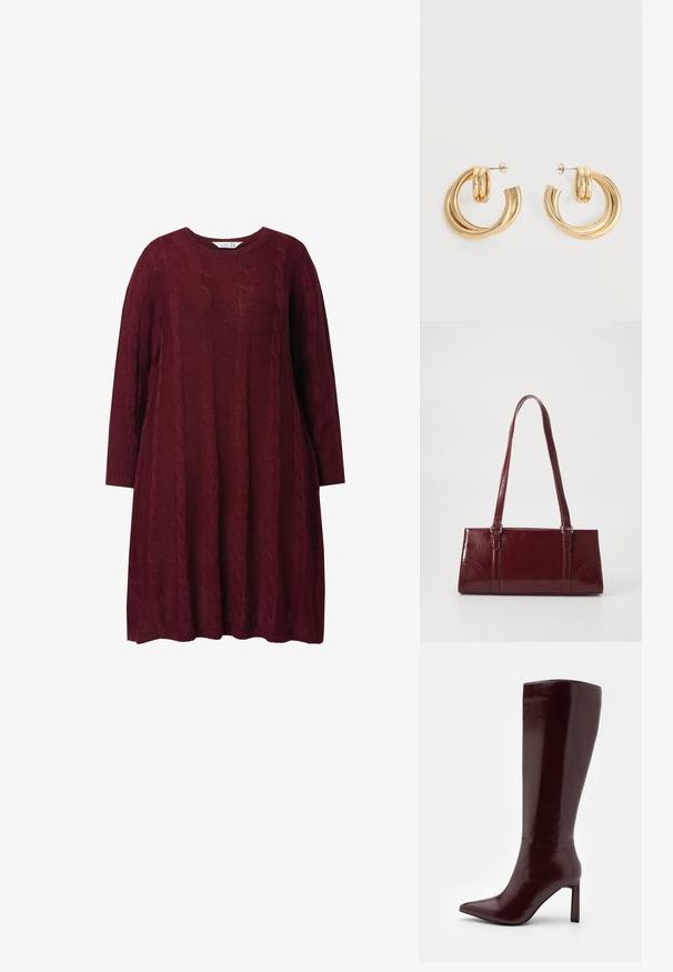 Vestido de punto burdeos con cuello redondo, mangas largas y patrón de trenzado. Corte holgado, con puños y dobladillo de canalé.; Even&Odd Botas - dark red; Bolso burdeos hecho de material brillante, de forma rectangular, con dos asas para el hombro y sutiles acentos curvados en la parte frontal.; Par de pendientes de aro doble brillante de oro con cierres de presión sobre un fondo blanco.
