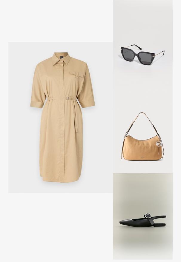 Beige shirtjurk met een kraag, korte opgerolde mouwen, een borstzak en een ceintuur in de taille. Glad stof met een comfortabele pasvorm.; Zwarte puntschoen met lage hak en zilveren gesp, slingback model op een neutrale achtergrond.; Zwarte oversized zonnebril met vaste donkere lenzen, plat geometrisch frame, gouden accent bij de poot en slanke zwarte armen.; Schoudertas van cognackleurig leer met verstelbare riem, zilveren rits en een ronde metalen MK-logo bedel die aan de zijkant hangt.