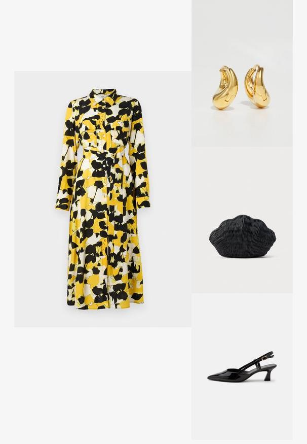 Vestido de manga larga en un patrón floral de color amarillo, blanco y negro. Presenta un cierre frontal de botones, cuello, bolsillos de pecho dobles y un cinturón en la cintura.; Zapato slingback de charol negro con tacón bajo, punta puntiaguda y correa ajustable con hebilla dorada sobre fondo blanco.; Bolso de mimbre negro con forma de concha de vieira con parte superior curva y textura tejida sobre un fondo liso.; Pendientes de aro de oro con forma curva y suave, y acabado pulido. Presentan un mecanismo de cierre y ligeras indentaciones para un toque de detalle.