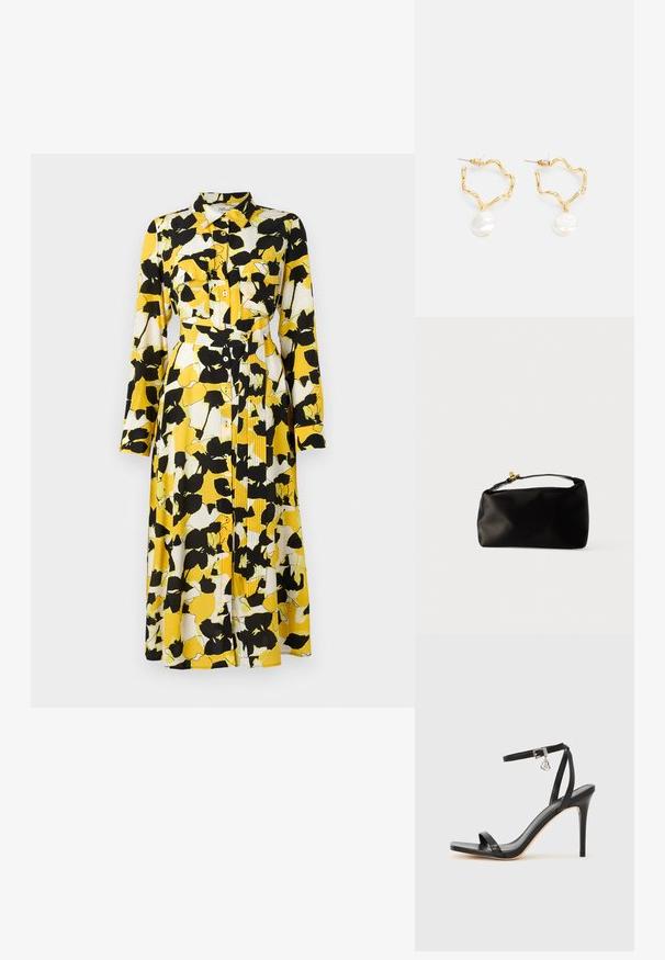 Vestido de manga larga en un patrón floral de color amarillo, blanco y negro. Presenta un cierre frontal de botones, cuello, bolsillos de pecho dobles y un cinturón en la cintura.; Sandalia de tacón alto negra con una estrecha correa en el tobillo, punta cuadrada, material de cuero liso y detalle de hebilla metálica.; Bolsa de terciopelo negro con forma redondeada, un asa superior y un cierre de acento dorado. Textura suave con un diseño minimalista.; Pendientes de aro en tono dorado con un diseño ondulado, que incluyen un acento de perla blanca colgante. La textura es suave y los aros son ligeros.