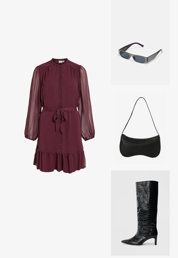 Langärmliges Burgunder-Kleid mit durchgehendem Knopfleiste vorne, transparenten, aufgepufften Ärmeln, Taillengürtel zum Binden und detailreichem Rüschensaum.; Schwarze kniehohe Stiefel mit glänzender, krokodilgeprägter Textur, spitzer Zehenpartie und schmalem Absatz. Glattes synthetisches Material.; Schwarze Sonnenbrille mit grauen Gläsern, versehen mit einem Rastermuster aus kleinen metallischen Strasssteinen entlang der Fassung. Glatte Oberfläche, kantiges Design.; Schwarze Leder-Schultertasche mit geschwungener Form, Reißverschluss und einem einzigen dünnen Riemen; glatte Textur und dezentes, eingeprägtes Logo-Detail.