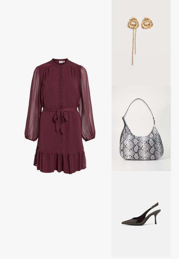 Dlhý rukáv burgundskej farby šaty s zapínaním na gombíky vpredu, priesvitné nafúknuté rukávy, opasok na zaväzovanie v páse a volánový detail na leme.; Slingback vysoké opätky v lesklej tmavohnedej lakovej koži, so špicatou špičkou, otvorenými stranami a nastaviteľným remienkom na členku.; Mäkká čierna a biela taška cez rameno s hadím vzorom zaobleného tvaru, hladkou textúrou a zakriveným popruhom. Obsahuje akcenty zo strieborného kovu.; Zlaté náušnice v kvetinovom dizajne s textúrovanými okvetnými lístkami a kruhom malých priehľadných kamienkov, jedna náušnica má dve visiace retiazky s drobnými kamienkami.