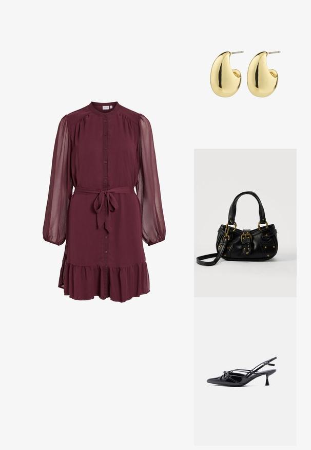 Langärmliges Burgunder-Kleid mit durchgehendem Knopfleiste vorne, transparenten, aufgepufften Ärmeln, Taillengürtel zum Binden und detailreichem Rüschensaum.; Schwarzer Slingback-Pumps aus Lackleder mit spitzer Zehenpartie, niedrigem Kitten-Heel und dekorativer, geknoteter Schleife vorne.; Schwarze Lederhandtasche mit goldener Schnalle und Nieten, kurzen Griffen und einem verstellbaren Schultergurt vor einem schlichten weißen Hintergrund.; Goldfarbene Steckerohrringe mit einer glatten, glänzenden Oberfläche, die eine abstrahierte, tropfenförmige Form aufweisen. Einfache Metallstiftbefestigung.
