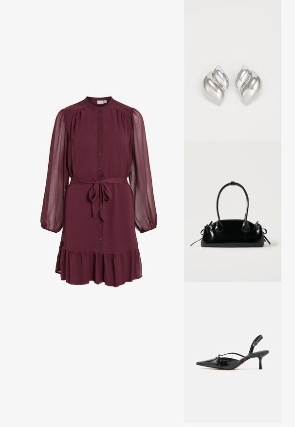 Langärmliges Burgunder-Kleid mit durchgehendem Knopfleiste vorne, transparenten, aufgepufften Ärmeln, Taillengürtel zum Binden und detailreichem Rüschensaum.; ALDO MARIETTA PILLOW WALK - Pumps - black; Kleine schwarze glänzende Handtasche mit zwei langen Griffen und seitlichen Kordelzug-Details vor einfachem hellem Hintergrund.; Silberne Ohrringe mit einer organischen, abstrakten Form. Glatte, glänzende Oberfläche mit einem konischen Design. Mit dezenten Kurven und einem zentralen Linienelement.
