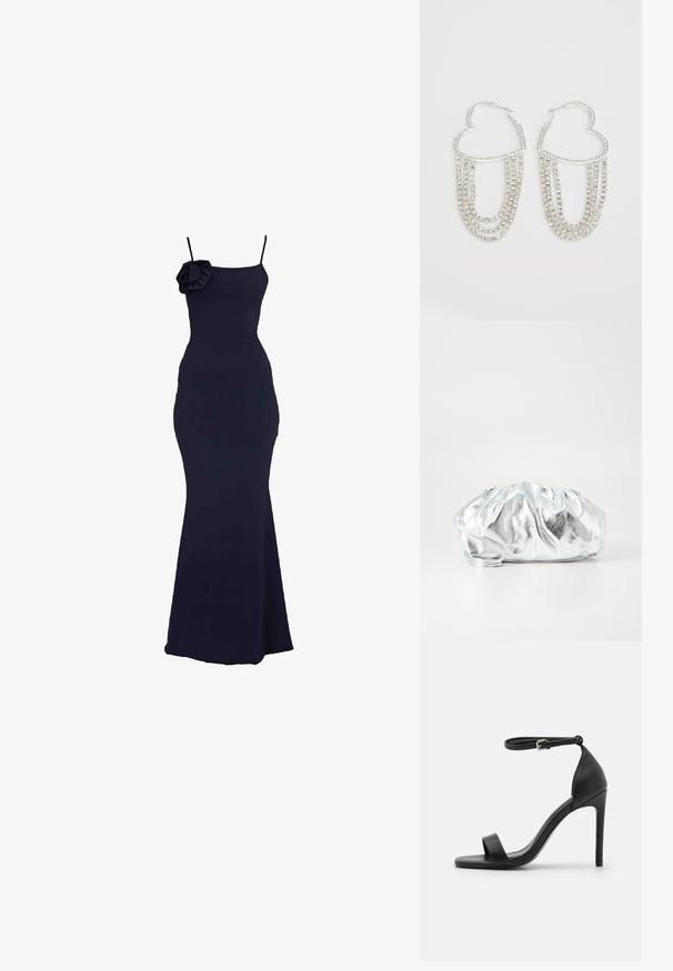Marineblauwe, aansluitende jurk met een zeemeermin-silhouet, met een enkele schouderband en een decoratieve bloemen_detail bij de halslijn.; Zwarte sandalen met hoge hakken, met een slank ontwerp, voorzien van een enkelbandje, open teen en een gladde leren textuur.; Metalen zilveren clutch tas met een zachte, geplooide body en een dunne schouderriem. Kenmerkt zich door een gladde, glanzende textuur en afgeronde vorm.; Zilveren oorringen in de vorm van een hart, versierd met watervalletjes van heldere rhinestones voor extra sprankeling en textuur.