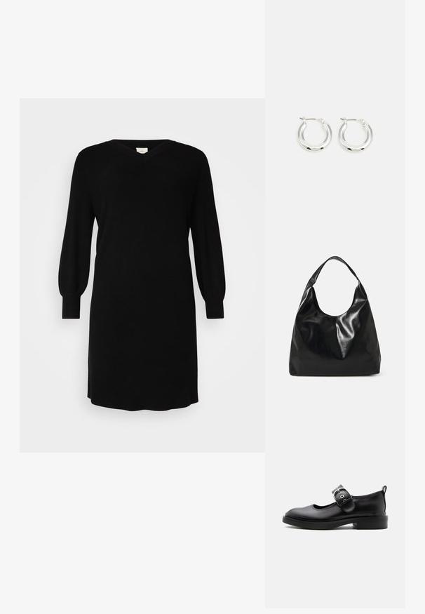 Schwarzes Strickkleid mit V-Ausschnitt, langen Ballonärmeln und gerippten Bündchen. Einfaches Design mit geradem Schnitt und knielangem Saum.; Schwarzer Mary Jane Lederschuh mit dicker Sohle, abgerundeter Zehe, silbernem Schnallenriemen und Zuglasche hinten.; Schwarze Leder-Hobo-Tasche mit einer weichen, glänzenden Textur und einem runden, offenen Oberteil. Verfügt über einen breiten, gebogenen Tragegurt. Keine sichtbaren Beschläge.; Silberne Creolen mit glänzender Oberfläche, die eine kreisrunde Form haben und mit einem schwenkbaren Verschluss ausgestattet sind. Glatte Textur mit minimalen Details.