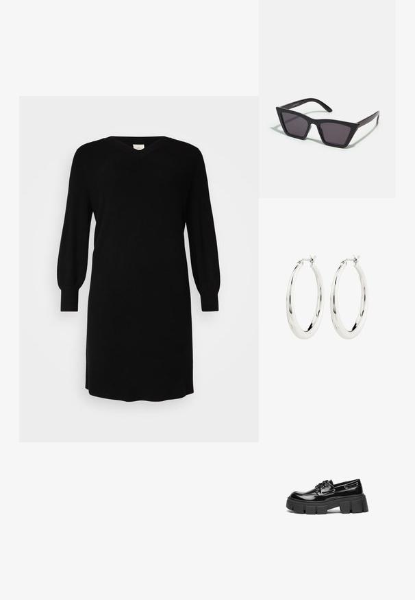 Schwarzes Strickkleid mit V-Ausschnitt, langen Ballonärmeln und gerippten Bündchen. Einfaches Design mit geradem Schnitt und knielangem Saum.; Schwarze Lacklederloafer mit einer robusten schwarzen Plattformsohle und dekorativen Ösen. Glatte Textur mit runder Zehenpartie und Schnürdetail.; Schwarze, eckige Sonnenbrille mit grauen Gläsern; aus Kunststoff gefertigt, mit dicken Bügeln, die eine glatte Oberfläche und keine sichtbaren Beschläge haben.; Silberne Creolen mit einer glatten, glänzenden Oberfläche. Kreisform, ausgestattet mit einem sicheren Verschluss. Einfaches und elegantes Design.