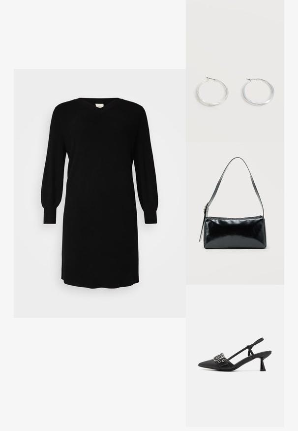 Sort strikket kjole med V-udskæring, lange ballonærmer og ribbede manchetter. Simpelt design med lige snit og knælangt længde.; Simmi London DALA - Pumps - black; Sort rektangulær skuldertaske med en enkelt justerbar rem og lynlås i toppen på en ensfarvet baggrund.; Sølvfarvede metaloorringe med glat, let buet overflade og låsemekanisme på en ensfarvet hvid baggrund.