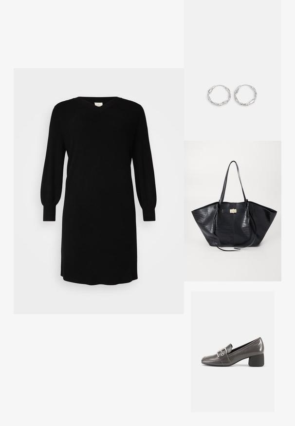 Schwarzes Strickkleid mit V-Ausschnitt, langen Ballonärmeln und gerippten Bündchen. Einfaches Design mit geradem Schnitt und knielangem Saum.; Schwarzer Lederschuh mit mittelhohem Absatz und abgerundetem Zehenbereich, mit dekorativem Schnallenriemen und strukturierter Oberflächenoptik.; Schwarze Tragetasche mit Krokodilprägung, glatter Textur, doppelten Schultergriffen und einem zentralen goldfarbenen Hardware-Detail.; Silberne Creolen mit einer welligen, unregelmäßigen Textur. Besitzen eine dünne, kreisförmige Form und eine reflektierende Oberfläche.