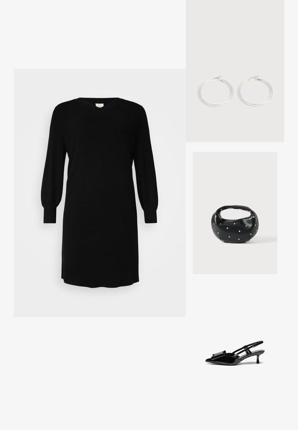 Schwarzes Strickkleid mit V-Ausschnitt, langen Ballonärmeln und gerippten Bündchen. Einfaches Design mit geradem Schnitt und knielangem Saum.; Schwarze Lackleder-Slingbacks mit spitzer Zehenpartie, einer Schleifendetail an der Vorderseite und einem kleinen Stiletto-Absatz. Die Riemen haben verstellbare Schnallen.; Schwarze Lederhandtasche mit abgerundeter Form, verziert mit silbernen Nietenakzenten und kurzem Griff. Glatte Struktur und Reißverschlussverschluss.; Paar glänzende silberne Creolen mit dünnen Drahtverschlüssen, dargestellt vor einem hellgrauen Hintergrund.