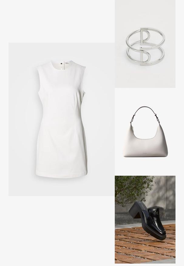 Vestido blanco sin mangas con escote redondo, con cierre de botones en el frontal, ajustado y fabricado en algodón suave.; Mule tipo slip-on de cuero negro de Calvin Klein con tacón de bloque descansando sobre baldosas de madera al aire libre cerca de una planta verde y una pared gris.; Bolso de hombro de cuero color crema de Calvin Klein con borde superior curvado, cremallera plateada y correa ajustable marrón oscuro.; Brazalete de metal plateado con un diseño de doble lazo, acabado liso y brillante, y un acento geométrico minimalista.