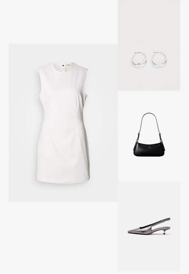 Vestido blanco sin mangas con escote redondo, con cierre de botones en el frontal, ajustado y fabricado en algodón suave.; Zapato slingback gris metálico con punta puntiaguda, tacón bajo tipo kitten y correa ajustable sobre fondo blanco.; Mini bolso negro de cuero para hombro con correa delgada y pequeño logo dorado CK en el centro frontal.; Pendientes de aro de plata con un acabado pulido y la marca DKNY, exhibidos sobre un fondo blanco liso.