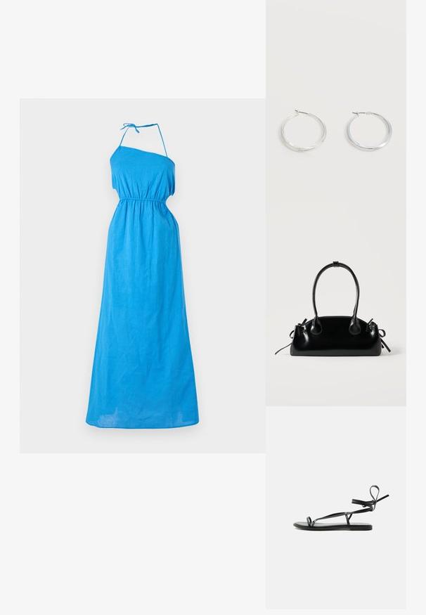 Robe maxi bleue à une épaule, fabriquée en tissu léger, avec une taille élastique et une lanière ajustable à l'épaule pour un meilleur ajustement.; Sandale plate noire avec de fines lanières et un design enveloppant la cheville sur un fond clair uni.; Petit sac à main noir brillant avec deux longues anses et des détails à cordon sur les côtés sur un fond clair uni.; Boucles d’oreilles créoles en métal argenté avec une surface lisse légèrement incurvée et des fermoirs à clapet sur un fond blanc uni.
