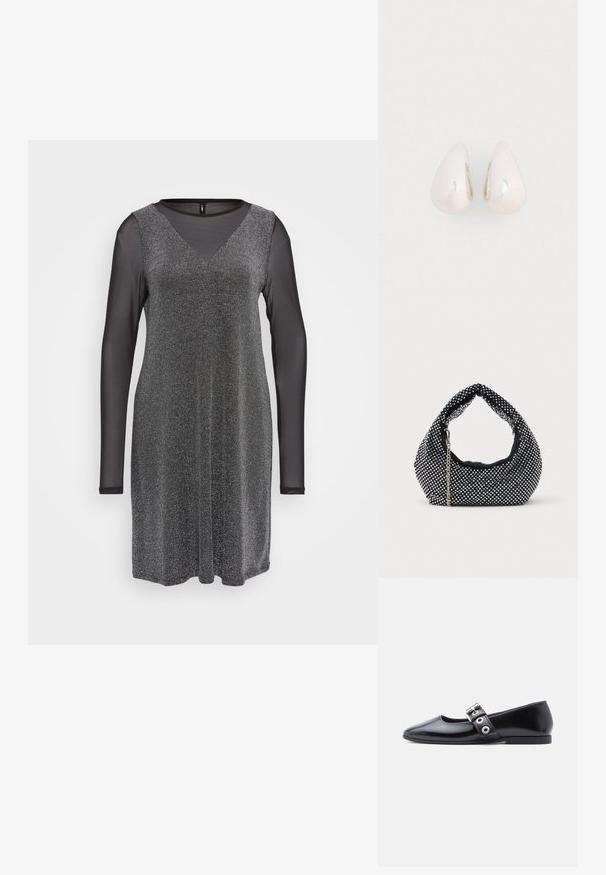 Robe noire avec de longues manches en voile, présentant un décolleté en V et un corps scintillant noir avec une texture lisse. Convient pour des occasions formelles.; Chaussure plate en cuir verni noir avec bout carré, détail de boucle sur le côté et petit talon arrondi. Texture lisse et design minimaliste.; Sac à main en maille noire orné de clous en argent, avec une poignée incurvée et une bandoulière en chaîne. Texture douce avec une forme arrondie.; Boucles d'oreilles en métal argenté en forme de goutte, avec une surface lisse et réfléchissante, présentant un design sans couture et sans embellissements visibles.