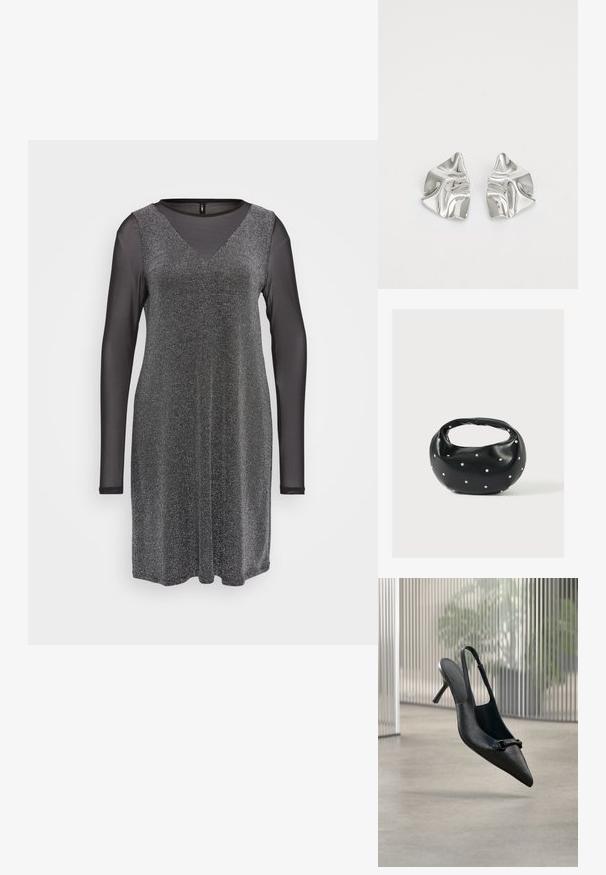 Robe noire avec de longues manches en voile, présentant un décolleté en V et un corps scintillant noir avec une texture lisse. Convient pour des occasions formelles.; Chaussure à talon haut à bride arrière en cuir noir texturé avec un bout pointu et une petite boucle décorative, flottant au-dessus d'un sol lisse.; Sac à main en cuir noir de forme arrondie, décoré de clous argentés et équipé d'une poignée courte. Texture lisse et fermeture éclair.; Boucles d'oreilles en métal argenté avec un design ondulé et sculptural, présentant une finition polie et des formes irrégulières, mettant en valeur une esthétique contemporaine.