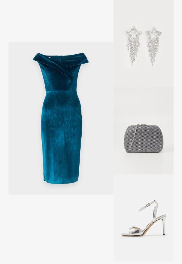 Teal velours off-shoulder kjole med en tætsiddende silhuet, der har en foldet krave og en centralt placeret lynlås i ryggen. Længden når til midt på læggen.; Sølv højhælet sandal med åbent tå, metallisk tekstur og justerbar ankelrem. Har en spidse stiletto hæl og glat indersål.; Sorte og hvide teksturerede clutch-taske med rund form, sølvfarvet kædetrækt, og en metalspænde på toppen.; Rhinestone stjerne øreringe med dryppende frynsedetaljer, præget af sølvfarve og en blank, reflekterende overflade. Stjernedesign med detaljeret udformning.
