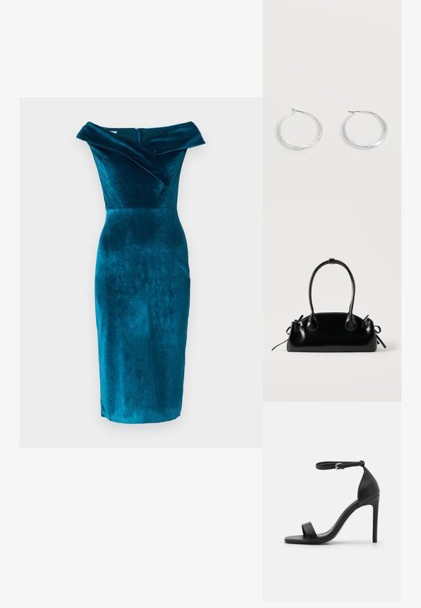 Teal velours off-shoulder kjole med en tætsiddende silhuet, der har en foldet krave og en centralt placeret lynlås i ryggen. Længden når til midt på læggen.; Sort højhælet sandal med et sleek design, der har en ankelrem, åben tå og glat lædertekstur.; Lille sort blank håndtaske med to lange håndtag og snøre-detaljer i siden på en ensfarvet lys baggrund.; Sølvfarvede metaloorringe med glat, let buet overflade og låsemekanisme på en ensfarvet hvid baggrund.