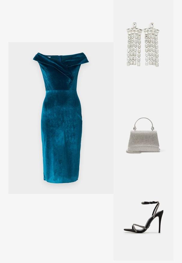Robe en velours teal à décolleté bardot, avec une silhouette ajustée, dotée d'un col replié et d'une fermeture éclair centrale dans le dos. Longueur mi-mollet.; Sandale noire à talons hauts avec des fines lanières ornées de bijoux et une boucle au niveau de la cheville. Matériau en daim, bout ouvert et silhouette fine et pointue.; ALDO FELISIA - Sac à main - silver-coloured; Boucles d'oreilles en cristal avec des accents en métal argenté, ornées de plusieurs pierres taillées en rectangles et carrés disposées en rangées en cascade.