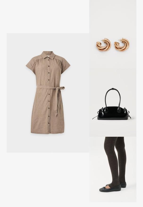 Robe chemise marron à manches courtes avec boutons sur le devant, col et ceinture nouée à la taille sur un fond clair uni.; Jambes portant des leggings côtelés foncés associés à des ballerines noires avec de petits détails en nœud sur fond blanc.; Petit sac à main noir brillant avec deux longues anses et des détails à cordon sur les côtés sur un fond clair uni.; Boucles d'oreilles en métal doré à design torsadé. Forme arrondie avec une texture lisse et brillante et un fermoir à épingle. Largeur et profondeur substantielles.