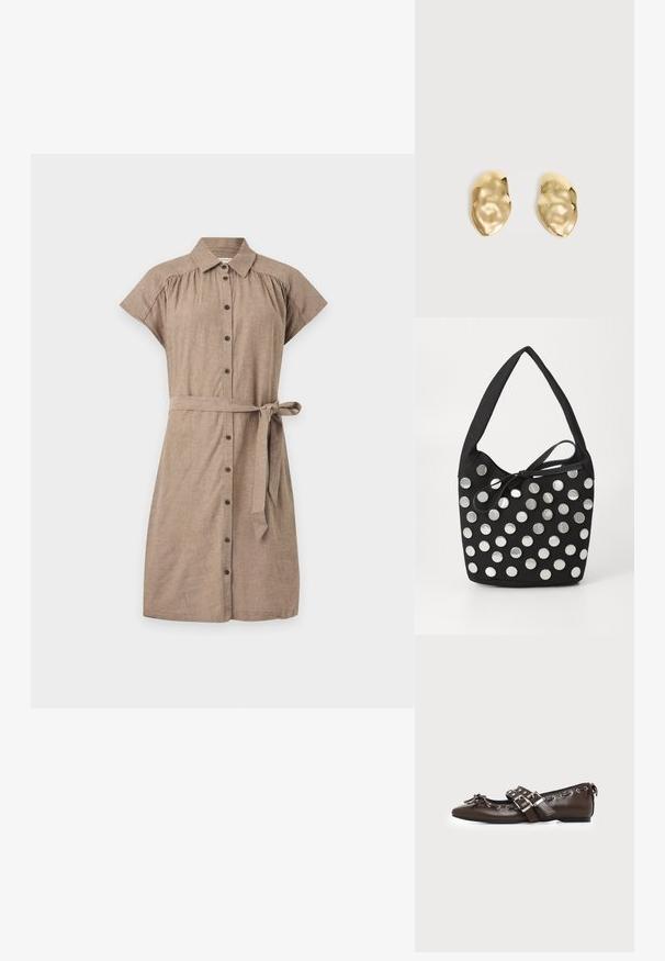 Robe chemise marron à manches courtes avec boutons sur le devant, col et ceinture nouée à la taille sur un fond clair uni.; Chaussure plate en cuir marron foncé avec bout pointu, doubles brides à boucles argentées, œillets métalliques et nœud décoratif à l'avant.; Sac à main en tissu noir, de forme arrondie, orné de clous métalliques ronds en argent disposés en motif, et d'un accent en tissu noué.; Paire de boucles d'oreilles en métal doré brillant, de forme irrégulière, avec une surface froissée et lisse sur un fond clair uni.