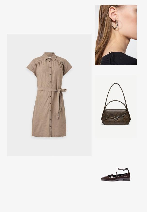 Robe chemise marron à manches courtes avec boutons sur le devant, col et ceinture nouée à la taille sur un fond clair uni.; Ballerines en cuir verni marron avec un bout pointu, présentant deux sangles réglables et des boucles en argent, ainsi qu'un petit talon carré.; Sac à main en cuir brun foncé texturé avec deux anses, forme rectangulaire arrondie, et fermeture à bouton circulaire argenté sur le rabat avant.; Boucle d'oreille en argent avec une finition polie, présentant de petits détails en or et de forme ronde, portée sur le lobe.