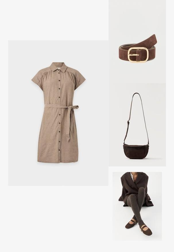 Robe chemise marron à manches courtes avec boutons sur le devant, col et ceinture nouée à la taille sur un fond clair uni.; Des chaussettes marron côtelées jusqu'aux genoux associées à des ballerines en daim marron de type Mary Jane avec une sangle décorative et une boucle, portées avec un manteau sombre.; Sac bandoulière en daim marron foncé avec une sangle réglable et une poche zippée à l'avant, posé sur un fond clair uni.; Ceinture en daim marron avec une boucle rectangulaire en métal doré. La ceinture présente une texture lisse et est conçue pour se fixer à la taille.