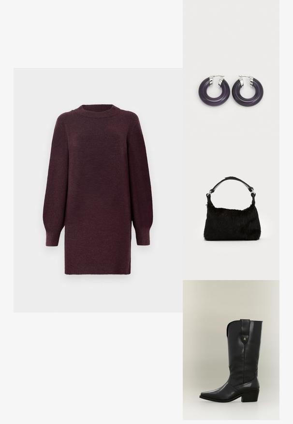 Robe-sweater bordeaux avec un col rond et de longues manches légèrement bouffantes. Fabriquée en tissu doux et texturé. Se termine au-dessus du genou.; Botte de cow-boy haute en cuir noir avec bout pointu, talon épais et languette avec un petit logo doré.; Sac à main en fausse fourrure noire avec une texture douce, une forme arrondie et une bandoulière en cuir noir robuste. Accent en métal argenté visible.; Boucles d'oreilles en résine violet avec des accents en métal argenté. Forme circulaire avec une finition brillante, dotées d'une fermeture à charnière sécurisée.