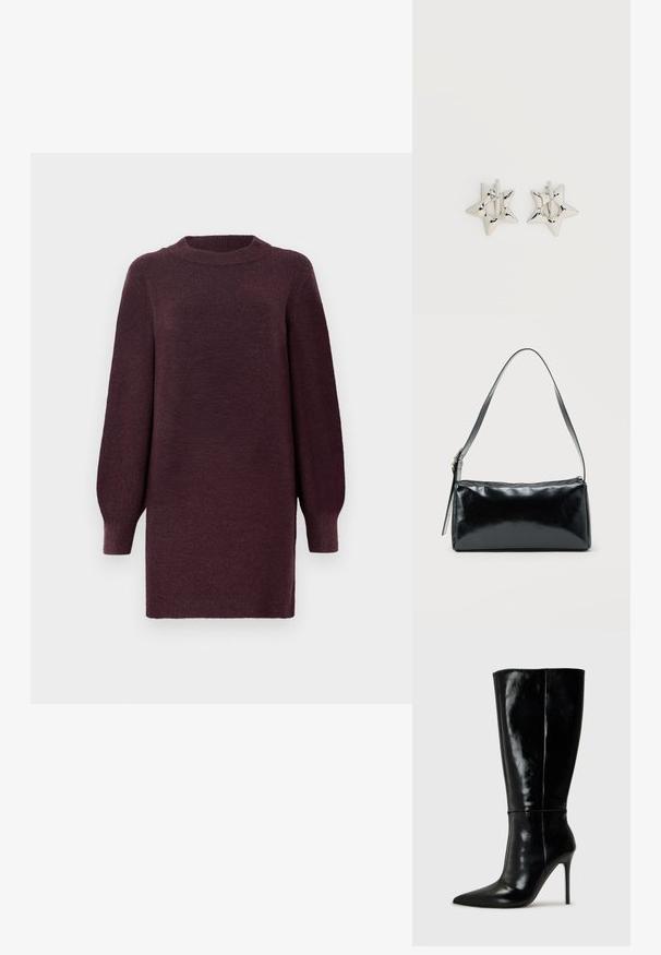 Robe-sweater bordeaux avec un col rond et de longues manches légèrement bouffantes. Fabriquée en tissu doux et texturé. Se termine au-dessus du genou.; Bottes noires en cuir, hautes jusqu'au genou, avec un bout pointu et un talon aiguille haut. Texture lisse et design épuré, avec un minimum de détails.; Sac d'épaule rectangulaire noir avec une sangle réglable unique et une fermeture éclair supérieure sur un fond uni.; Boucles d’oreilles créoles en forme d’étoile argentée avec une finition lisse et polie sur un fond blanc uni.