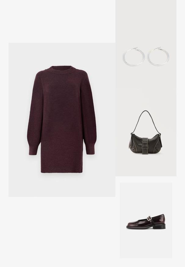 Robe-sweater bordeaux avec un col rond et de longues manches légèrement bouffantes. Fabriquée en tissu doux et texturé. Se termine au-dessus du genou.; Chaussure Mary Jane unique brillante couleur bordeaux foncé avec une large bride et une boucle argentée, talon bloc bas et bout arrondi sur fond blanc.; Sac à épaule en cuir noir avec une sangle à boucle, des bords arrondis et des coutures blanches contrastées sur un fond uni.; Paire de boucles d'oreilles créoles argentées brillantes avec fermoirs en fil fin, présentée sur un fond gris clair.