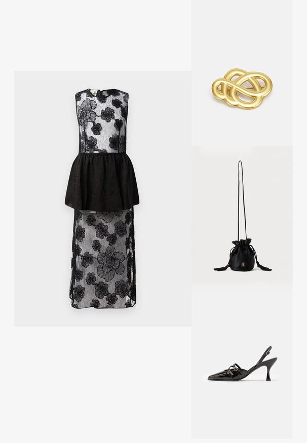Must mustriga disain, millel on pitsist kate lillemustritega, peplum vöökoht, ilma varrukateta ja pikk, voolav siluett.; ALOHAS JOELLE ONIX - Klassikalised kontsakingad - black; Must värvi nööriga bucket-kott, pikk õhuke rihm ja ees väike kuldne ruudukujuline logo, esitatud tavalise tausta ees.; Kuldtoonis rinnatäht, millel on sõlmekujuline disain, sujuvad ja vaakumid jooned ning keeruline vorm, peegeldades poleeritud viimistlust.