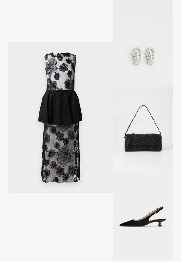 Vestido negro con un encaje que presenta patrones florales, cintura peplum, diseño sin mangas y una silueta larga y fluida.; Zapato slingback negro con punta afilada, tacón bajo tipo kitten y tira con hebilla dorada, mostrado de perfil sobre un fondo claro y liso.; Bolso de mano negro con un patrón tejido texturizado, acentos de cuero, forma delgada y una larga correa para el hombro. Detalle del logo dorado en la parte delantera.; Pendientes de clip plateados con un diseño en espiral, que presentan una textura metálica suave y formas redondeadas. Sin adornos ni patrones visibles.