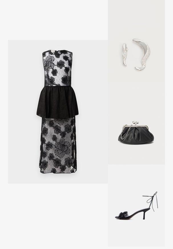 Vestido negro con un encaje que presenta patrones florales, cintura peplum, diseño sin mangas y una silueta larga y fluida.; Sandalia negra de tacón alto y punta abierta con tira que se ata al tobillo y detalles de encaje en la banda frontal sobre un fondo liso claro.; Clutch de cuero negro con textura arrugada, marco de metal en tono plateado, cierre de beso y cadena para colgar. Superficie suave y lisa.; Dos pendientes de plata curvados, uno más grande que el otro, ambos adornados con pequeños cristales brillantes a lo largo de un borde.
