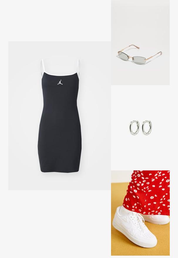 Must mustriba kleit valgete rihmade ja ääredega. Rinnal on Jumpman logo. Keha lähedal lõige, põlvi kattev disain.; Valged nahast tennisekombinad, millel on lillede reljeefsed aktsendid, ümar varvas ja tekstureeritud kummitald. Kombineeritud punaste pükstega, millel on valge lillemuster.; Hallidega prillid halli toonitud läätsedega, õhukeste kuldsete metallraamidega, piklikus vormis ja roosa aktsendiga tempeltipud. Minimalistlik disain koos diskreetse brändinguga.; Hõbedased rõngaskõrvarõngad, millel on sile ja läikiv viimistlus. Ümar kuju ja turvaline sulgemismehhanism. Minimalistlik disain, kus on kerge keerutuse detail.