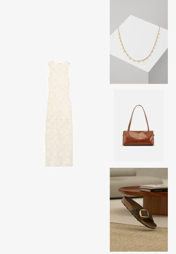 Vestido largo, de color blanco cremoso, con textura acanalada y patrón de encaje floral. Diseño sin mangas, de longitud hasta el suelo, ajuste entallado y escote redondo.; Sandalia marrón de ante tipo slide con una gran hebilla dorada, plantilla de corcho y suela negra sobre una alfombra beige y una mesa de café de madera de fondo.; Bolso rectangular de cuero marrón con dos correas largas para el hombro, acabado brillante y liso, y un diseño minimalista sobre un fondo liso.; Collar de cadena de oro con pequeños colgantes redondos y texturizados espaciados uniformemente a lo largo de la longitud, con un acabado pulido y eslabones delicados.