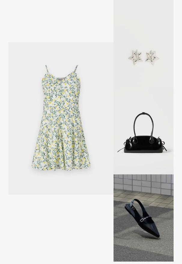 Bloemenjurk met een geel en groen bladerenpatroon op een witte achtergrond. Heeft dunne bandjes, een V-halslijn en een wijduitlopende rok. Van lichtgewicht stof.; Zwarte platte slingback met spits toelopende neus en dubbele gespsluitingen, rustend op grijs asfalt bij een achtergrond van betegelde muur.; Kleine zwarte glanzende handtas met twee lange hengsels en zijkant trekkoord details op een effen lichte achtergrond.; Zilverkleurige stervormige oorringen met een gladde, gepolijste afwerking op een effen witte achtergrond.