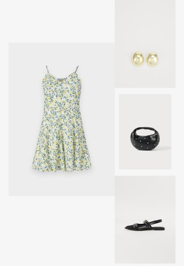 Robe florale avec un motif de feuilles jaunes et vertes sur fond blanc. Dotée de bretelles fines, d'un décolleté en V et d'une jupe évasée. Tissu léger.; Even&Odd by Zalando Ballerines à brides arrière - black; Sac à main en cuir noir de forme arrondie, décoré de clous argentés et équipé d'une poignée courte. Texture lisse et fermeture éclair.; Boucles d'oreilles en métal doré avec une forme lisse et arrondie et une finition polie. Design simple sans embellissements supplémentaires.