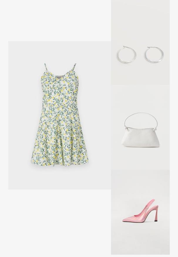 Bloemenjurk met een geel en groen bladerenpatroon op een witte achtergrond. Heeft dunne bandjes, een V-halslijn en een wijduitlopende rok. Van lichtgewicht stof.; Roze slingback pump gemaakt van iriserend materiaal met een spitse neus, slanke hak en elastische band voor een goede pasvorm. Gladde textuur met een glanzende afwerking.; Witte handtas van gevlochten leer met een afgeronde handgreep en uiteinden van de band die geknoopt zijn, afgebeeld tegen een effen achtergrond.; Zilverkleurige metalen creolen oorbellen met een glad, licht gebogen oppervlak en sluitingen met haaksluiting op een effen witte achtergrond.