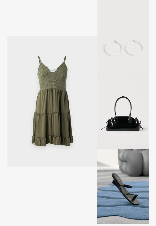 Olivenfarbenes Kleid mit Spitzenverzierungen am Oberteil, verstellbaren Trägern und einem gerafften, gestuften Saum aus leichtem Stoff.; Schwarze Riemchensandale mit Zehenring, auf einem blau strukturierten Teppich präsentiert, mit einem großen grauen Dekorationsobjekt unscharf im Hintergrund.; Kleine schwarze glänzende Handtasche mit zwei langen Griffen und seitlichen Kordelzug-Details vor einfachem hellem Hintergrund.; Paar glänzende silberne Creolen mit dünnen Drahtverschlüssen, dargestellt vor einem hellgrauen Hintergrund.