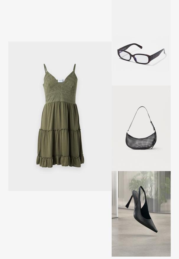 Vestido verde oliva con detalles de encaje en el corsé, tirantes ajustables y un dobladillo con volantes en capas, hecho de una tela ligera.; Zapato de tacón stiletto con tira trasera de cuero negro y punta puntiaguda, flotando sobre un suelo de hormigón liso y fondo de panel metálico vertical.; Gafas rectangulares de carey marrón con lentes transparentes y patillas elegantes, que muestran una textura suave y un diseño minimalista.; Pequeño bolso de hombro negro de malla con forma de media luna y correa fina ajustable, sobre un fondo claro y liso.