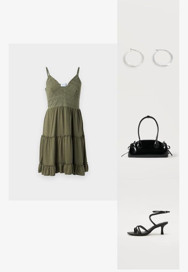 Olive roheline kleit, millel on pitsdetail bodicus, reguleeritavad rihmad ja kergest kangast vooderdatud, laineline, kihiline alläär.; Even&Odd Wide Fit Sandaalid - black; Väike must läikiv käekott kahe pika sangaga ja külgedel paelakinnitustega, ühel lihtsal helel taustal.; Hõbedased metallist rõngakujulised kõrvarõngad, millel on sile, kergelt kaarduv pind ja lukustuvad tagused kinnitused, valgel taustal.