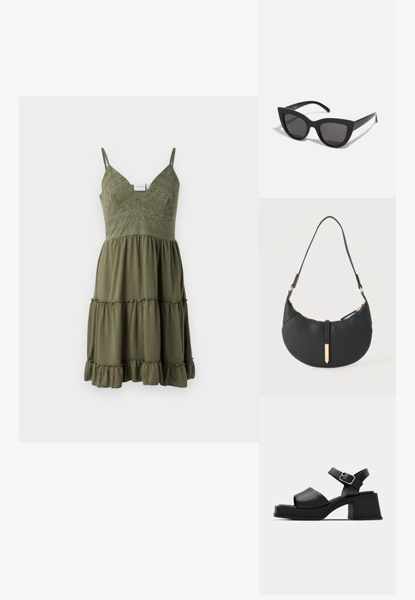Olivenfarbenes Kleid mit Spitzenverzierungen am Oberteil, verstellbaren Trägern und einem gerafften, gestuften Saum aus leichtem Stoff.; Schwarze Leder-Plateausandalen mit einem Peeptoe-Design, Knöchelriemen und einem klobigen, quadratischen Absatz. Sanfte Textur und minimalistischer Stil.; Schwarze Cat-Eye-Sonnenbrille mit matter Oberfläche, grauen getönten Gläsern, scharfen Kanten und schlanken Bügeln. Der Markenname ist auf dem inneren Bügel sichtbar.; Schwarze halbmondförmige Handtasche mit einem einzelnen Träger, goldenem Reißverschluss und einer goldenen rechteckigen dekorativen Lasche vorne.