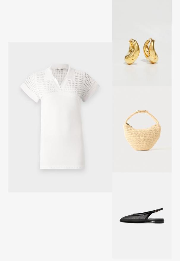 Hvid polo t-shirt med korte ærmer, der har en struktureret øvre del og en glat nederste del. Designet med krave og v-udskæring.; Sort slingback flad sko med spids tå, mesh overdel, justerbar spænde rem og lav stablet hæl på hvid baggrund.; Beige vævet håndtaske med afrundet krop, lynlås, og en kort, tyk strop i en enkel, tekstureret hæklestil.; Guldringeøreringe med en glat, buet form og poleret overflade. Udstyret med en lukkeanordning og lette fordybninger for detaljer.