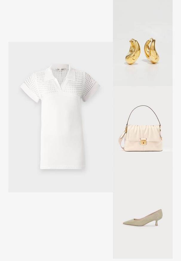 Hvid polo t-shirt med korte ærmer, der har en struktureret øvre del og en glat nederste del. Designet med krave og v-udskæring.; Beige ruskind spids tå kitten heel sko med en lav, slank hæl på en ensfarvet hvid baggrund.; Cremefarvet læderhåndtaske med en opsamlet top, guldfarvet hardware og aftagelig rem. Har en klaplukning og kontrasterende brunt håndtag.; Guldringeøreringe med en glat, buet form og poleret overflade. Udstyret med en lukkeanordning og lette fordybninger for detaljer.