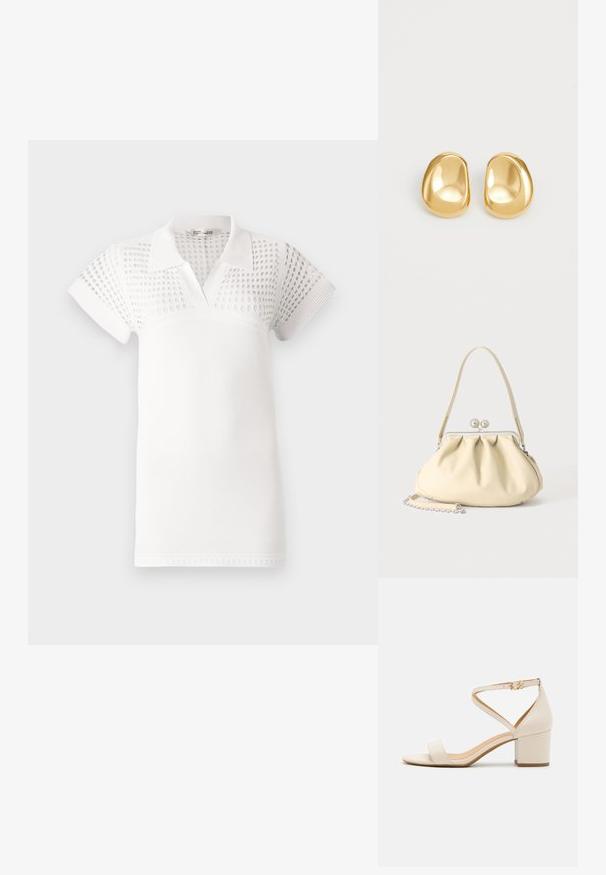 Hvid polo t-shirt med korte ærmer, der har en struktureret øvre del og en glat nederste del. Designet med krave og v-udskæring.; Beige blokhælede sandaler med et minimalistisk design, åben tå og justerbar ankelrem med en guldbelsningsdetalje. Glat tekstur.; Cremefarvet blødt læder håndtaske med indsamlet design, sølvramme-lukkemekanisme, kort hank og aftagelig kæderem.; Guldfarvede stud øreringe med en glat, rund form og en reflekterende overflade, der fremhæver et minimalistisk design uden synlige mønstre.