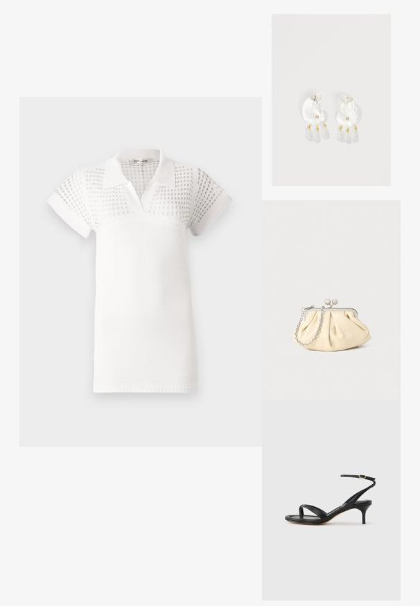 Witte poloshirt met korte mouwen, met een gestructureerd bovenstuk en een gladde onderkant. Ontworpen met een klassieke kraag en een V-hals.; Zwarte leren dames sandaal met dunne bandjes, een teengreep, een enkelgesp en een stilettohak van gemiddelde hoogte op een neutrale achtergrond.; Geplooide beige leren clutch met een zilveren metalen frame, voorzien van twee ronde decoratieve sluitingen en een zilveren kettingriem.; Duidelijke hars oorbellen in schelpvorm met kleine gouden accenten en drie hangende doorschijnende druppelvormige bedels aan elk oorbel.