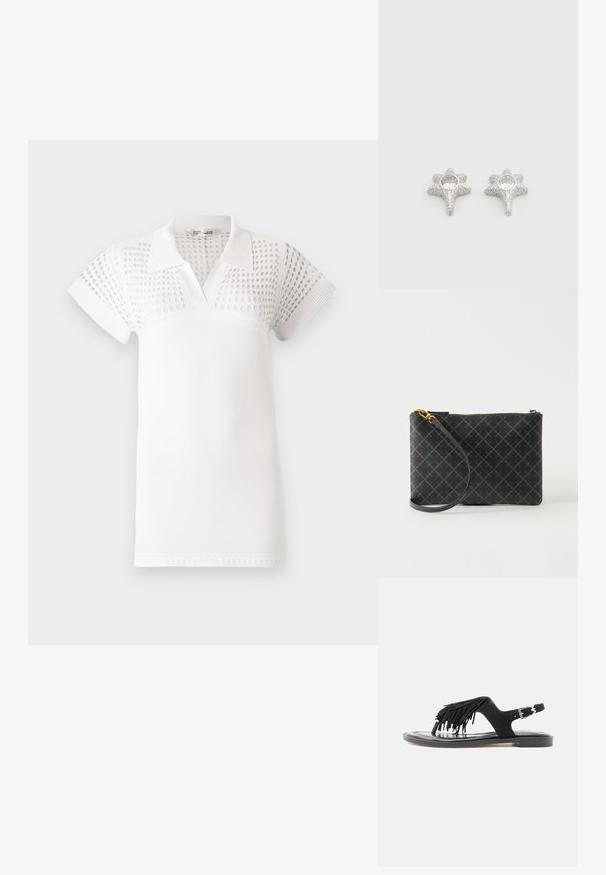 Hvid polo t-shirt med korte ærmer, der har en struktureret øvre del og en glat nederste del. Designet med krave og v-udskæring.; Sort flad sandal med lædersål, frynset ruskindsrem over tæerne og justerbar ankelrem med spænde på hvid baggrund.; Sort håndledsclutch med gråt diamantmønster, gylden lynlås og aftagelig rem på ensfarvet lys baggrund.; Sølv ørestikker formet som stjerner med tekstureret overflade, med en rund, klar ædelsten i midten. Glitrende finish øger det visuelle udseende.